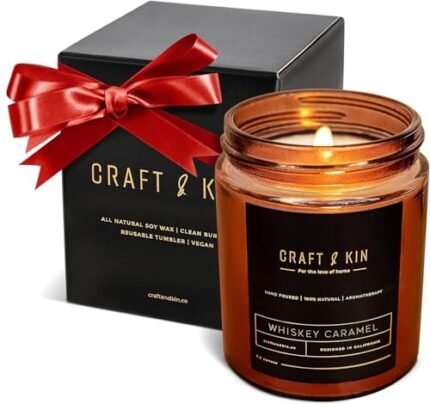 Craft & Kin Christmas Scented Candles for Men | Premium Whiskey Caramel Winter Candle | All-Natural Scent for Home | Long Lasting Holiday Candles with 45 Hour Burn Time, 8oz