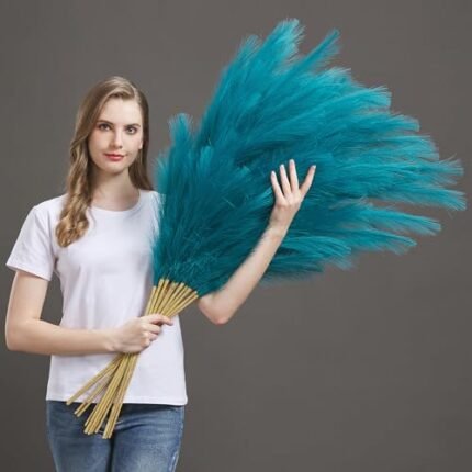 7 Pcs 45" Faux Pampas Grass – Fluffy Artificial Pompous Grass for Tall Floor Vase, Non-Shedding Home Decor, Boho Wedding Flowers, Baby Shower Centerpieces, Bedroom & Living Room Decor (Blue)
