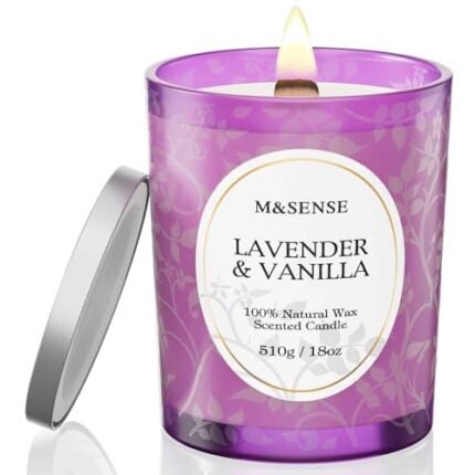 M&SENSE Lavender Vanilla Scented Candle, Cracking Wooden Wick Soy Wax, 18oz 100 Hours Long Lasting Clean Burn, Large Jar Candles for Home Decor, Non-Toxic Relaxing Aromatherapy Gifts for Women