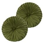 HIG Set of 2 Decorative Round Pleated Throw Pillows, Classy Accent Pumpkin Throw Pillows with Center Button, Vintage Velvet Floor Pillows for Sofa Couch Vanity Chair Bed, Olive, 14.5" Diameter(Ripple)
