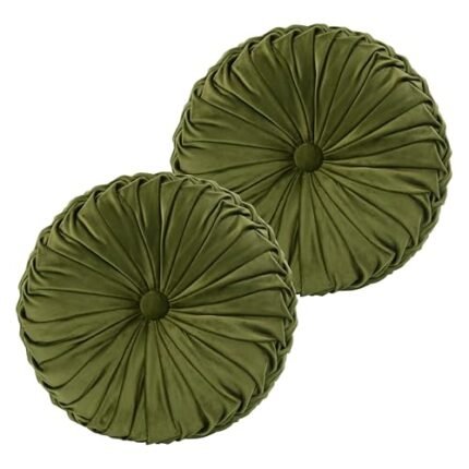 HIG Set of 2 Decorative Round Pleated Throw Pillows, Classy Accent Pumpkin Throw Pillows with Center Button, Vintage Velvet Floor Pillows for Sofa Couch Vanity Chair Bed, Olive, 14.5" Diameter(Ripple)