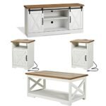 AMERLIFE 4-Piece Farmhouse Table Set Includes Sliding Barn Door TV Stand, Coffee Table& Two End Tables, Side Table with Charging Station and USB Ports, for Living Room, Distressed White, 66"