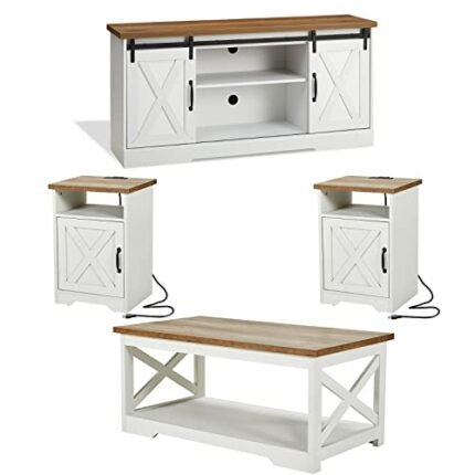 AMERLIFE 4-Piece Farmhouse Table Set Includes Sliding Barn Door TV Stand, Coffee Table& Two End Tables, Side Table with Charging Station and USB Ports, for Living Room, Distressed White, 66"