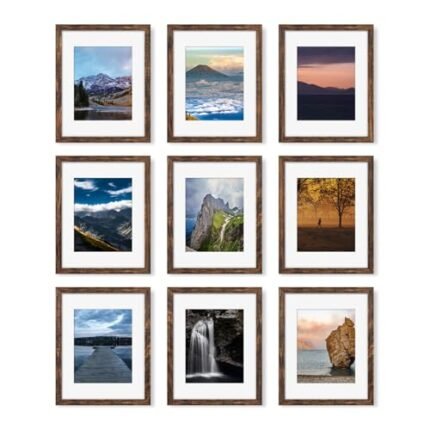 YESKAY 11x14 Picture Frame Set of 9, Photo Gallery Wall Frame Set, Display Pictures 8x10 with Mat or 11 x 14 Without Mat, Multi Photo Frames for Wall Mounting or Table Top Display, Rustic Brown