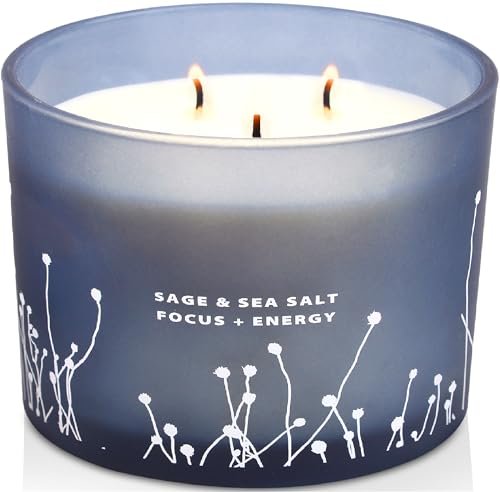 Large White Sage Sea Salt 3 Wick Candle - 14.5 White Sage Sea Salt 3 Wick Candle - Large Soy Scented Candle 14.5 oz - Sage Candle for Cleansing House - Aromatherapy Energy Cleansing Candle for Home, Stress Relief, Women & Men