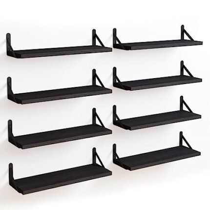 Fixwal Floating Shelves, Width 4.7in Rustic Wood Wall Shelves Set of 8, Wall Storage Shelves for Bedroom, Living Room, Kitchen, Bathroom, Office and Plants (Black)