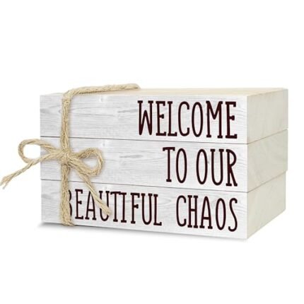 Ycyfckdr Decorative Wood Book Stack for Home, Welcome to Our Beautiful Chaos, Rustic Table and Living Room Bookshelf Farmhouse Decor (L20)