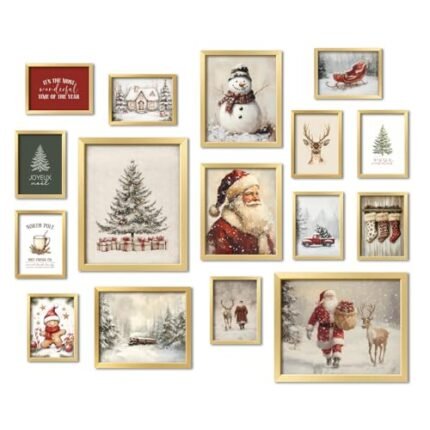 ANERZA 16 PCS Framed Christmas Wall Art Decor, Vintage Gallery Wall Frame Set Prints for Bedroom Bathroom, Winter Posters for Living Room Aesthetic, Dorm Home Artwork Collage Kit, Christmas Gifts