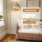 Oneach Arc Floor Lamp: Rattan Boho Design, Hand-Woven Shade, Foot Switch, Gold Metal Base—Perfect for Living Room or Bedroom Reading. - Image 4
