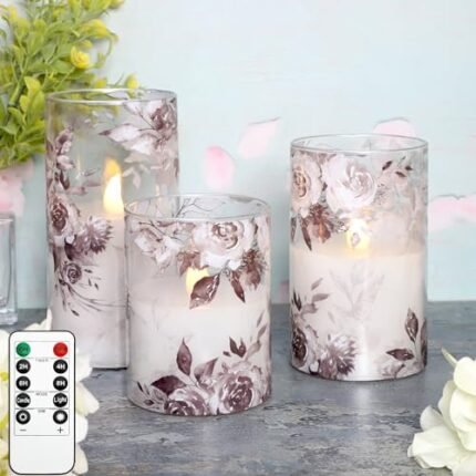 Rose LED Flameless Glass Candles Set with Remote Control & Timer Function - Floral Design Battery Operated Candles - Home Farmhouse Holiday Spring Easter Decorations - Set of 3 (D3 X H4 5" 6")