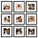 BSRHOME 12x12 Picture Frame Set of 9, Display Pictures 8x8 with Mat or 12x12 without Mat, Multi Collage Gallery Square Photo Frames for Wall or Tabletop, Black