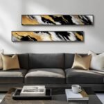 Framed 2-Piece Vertical Abstract Wall Art Set in Black, White & Gold for Modern Decor - Image 2