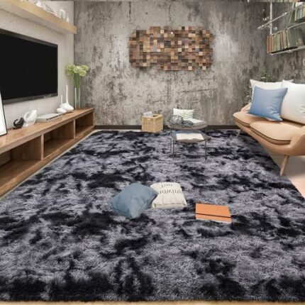Tepook Area Rugs 9x12 for Living Room, Super Soft Fluffy Rugs for Bedroom, Modern Shaggy Rug Fuzzy Carpets for Kids, Plush Indoor Nursery Home Decor Rug with Non-Slip Bottom, Tie-Dyed Dark Grey