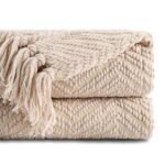 BATTILO HOME Beige Throw Blanket for Couch, Knitted Beige Throw for Bed, Neutral Throw Blankets Tan Throw Blanket for Room Decor Housewarming Gifts, 50" x 60"