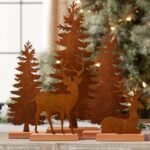 EIMMBD 5pcs Metal Rusty Christmas Trees and Elk Decor, Vintage Evergreen Trees Table Centerpieces Farmhouse Rustic Christmas Decorations for Room Mantel Fireplace Shelf