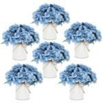 DIYDOFUN Flower Table Centerpieces - Set of 6 Floral Arrangement Artificial Wedding Hydrangeas Floral Arrangement with Rustic Metal Vase for Bridal Tea Party Event Decorations - Dusty Blue