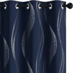 Deconovo Silver Wave Print Blackout Curtains - Thermal Insulated & Noise‑Reducing Grommet Drapes for Bedroom & Living Room, Oeko‑TEX Certified, Navy Blue, 52W x 84L, 2 Panels