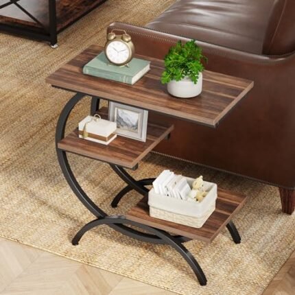 Tribesigns C-Shaped End Table, Industrial 3-Tier Small Side Table for Couch, Wood Bedside Table Snack Side Table with Storage Shelves for Living Room Small Space, Rustic Brown