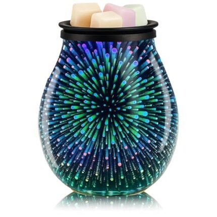 Leyoue 3D Glass Fireworks Electric Wax Melt Warmer with PTC Heating Plate Reusable Silicone Tray 7 Colors LED Changing Light Wax Burner Melter Fragrance Warmer for Home (3D)