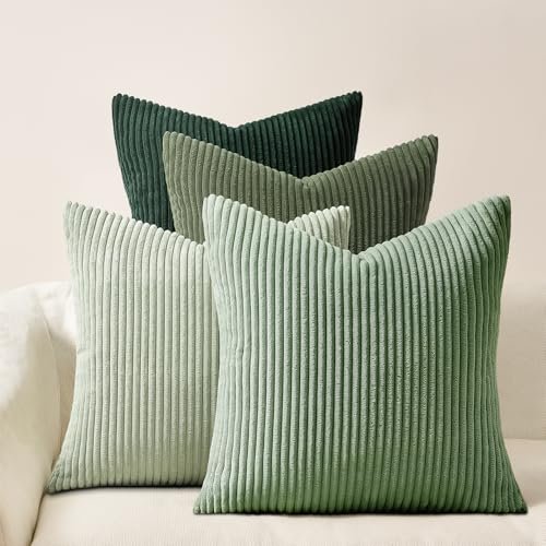 Topfinel Light Green Boho Decorative Throw Pillow Covers, 18x18 Inch, Topfinel LightGreen Boho CouchDecorative Throw Pillows Covers 18x18 Inch Set of 4,Olive Emerald Green Corduroy Soft Cushion Case,Rustic Fun Living Room Decor Green Gradient Cushion Covers(45×45cm)