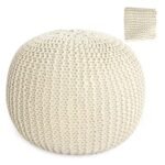 HOMBYS Unstuffed Ottoman Pouf Cover, 100% Cotton Handmade Knitted Ottoman Pouf Cover Round Foot Stool, Floor Bean Bag Chair, Foot Rest with Storage for Living Room Bedroom, Beige(Cover ONLY NO Filler)