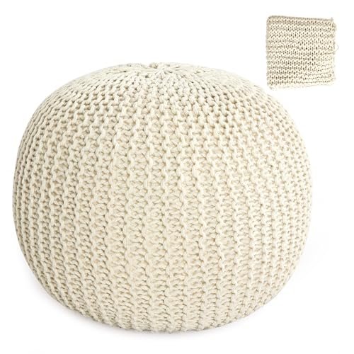 HOMBYS Handmade 100% Cotton Unstuffed Ottoman Pouf Cover - Round HOMBYS Unstuffed Ottoman Pouf Cover, 100% Cotton Handmade Knitted Ottoman Pouf Cover Round Foot Stool, Floor Bean Bag Chair, Foot Rest with Storage for Living Room Bedroom, Beige(Cover ONLY NO Filler)