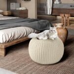 HOMBYS Handmade 100% Cotton Unstuffed Ottoman Pouf Cover - Round Foot Stool, Beige (Cover Only, No Filler) - Image 2