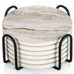 LIFVER Coasters Set of 6, Coasters for Drinks Absorbent Stone with Holder, Black Marble Style Ceramic Drink Coaster for Tabletop Protection, Coffee Table Decor Ideal for Home Decor House Warming Gifts