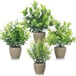 FAVOWREATH 4 Pack Fake Plants Ceramic Mini Artificial Greenery Potted Plants for Home Decor Office Decor Room Decor Farmhouse Decor Indoor Table Bathroom Decor