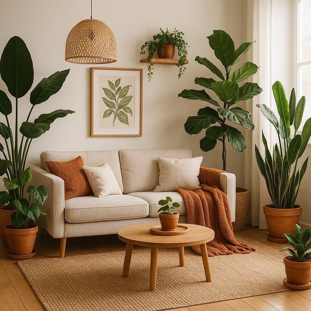 How can I use plants to add warmth and depth to a Scandinavian-inspired living room decor?