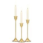 Tifanso Taper Candle Stick Holder - 3PCS Brass Gold Pillar Tall Candlestick Holders Metal Vintage Decor Dinner Table Dining Room Centerpieces Decorations for Wedding Fireplace Mantel Housewarming Gift