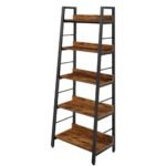 BATHWA Book Shelf, 5 Tier Accent Ladder Bookshelf Rustic Industrial Open Bookcase, Morden Ladder Shelf for Living Room/Bedroom/Home Office, Rustic Brown Wooden Vintage 59''H 24''W Narrow Shelf