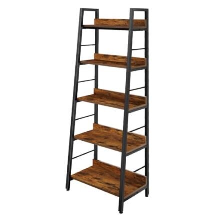 BATHWA Book Shelf, 5 Tier Accent Ladder Bookshelf Rustic Industrial Open Bookcase, Morden Ladder Shelf for Living Room/Bedroom/Home Office, Rustic Brown Wooden Vintage 59''H 24''W Narrow Shelf
