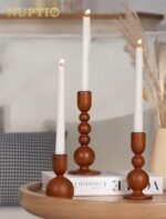 NUPTIO Set of 3 Wooden Candlestick Holders: Mid-Century Modern Caramel Decor for Thanksgiving Centerpieces. - Image 4