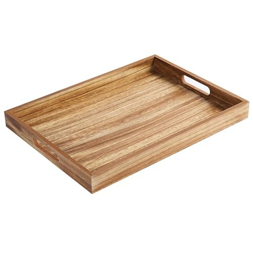 Krismax Rustic Brown Wooden Serving Tray with Handles - 15.7x11.4 Krismax Wooden Serving Tray with Handles, Rustic Brown Rectangular Serving Platter 15.7x11.4 Inch for Coffee Table, Decorative Storage Tray
