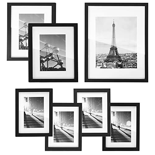 SONGMICS Collage Photo Frames Set: 7 Frames with Mats, 11x14, SONGMICS Picture Frames with 7 Mats, Set of 7 Collage Photo Frames, One 11x14, Two 8x10, Four 6x8 Frames, Hanging or Table Display, Glass, Black URPF37BK