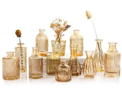 TBWIND Gold Amber Glass Bud Vases Set of 12, Small Vases for Flowers, Champagne Mini Vintage Vases for Centerpieces,Bud Vase in Bulk for Wedding Decor,Single Flowers,Office and Home Table Flower Décor