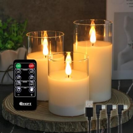LEDHOLYT Rechargeable Flameless Glass Pillar Candles–Gifts for Women–Set of 3, Realistic Flickering LED Light,Remote & Timer, USB-Rechargeable, Ideal for Living Room, Bedroom & Holiday Décor