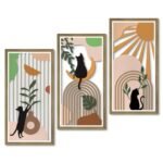 Putuo Decor Boho Wall Decor Set of 3, Abstract Boho Cat Wall Art, Mid Century Modern Black Wall Decr for Cat Lovers Home Bedroom Living Room Office