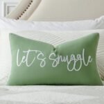 Sunkifover Let's Snuggle Decorative Lumbar Pillow Cover - 12x20 Inch Sage Green and White Cotton Embroidery Throw Pillowcase for Bed, Bedroom, Living Room, Home Decor