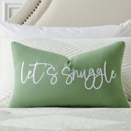 Sunkifover Let's Snuggle Decorative Lumbar Pillow Cover - 12x20 Inch Sage Green and White Cotton Embroidery Throw Pillowcase for Bed, Bedroom, Living Room, Home Decor