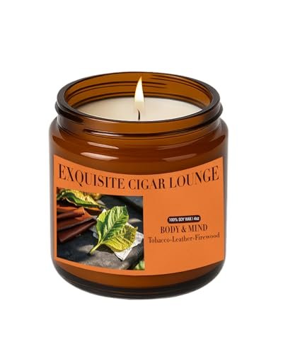 Tobacco & Leather Candles for Home Scented, 20 Hours Long-Lasting Burning Candle Gift for Men, Masculine Scents Jar Soy Wax for Stress Relief, Relaxing, 4oz