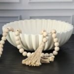 Iemegumi Decorative Bowl for Home Decor - White Large Decorative Fruit Bowls for Candy - Scalloped Ruffle Centerpiece key Bowl - Morden Round 10" Aesthetic Coffee Entry Table Decor With Wood Beads