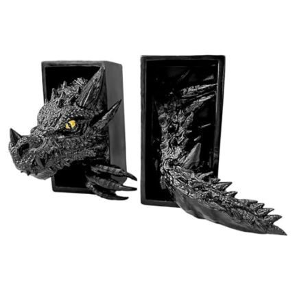 Dragon Bookshelf Decor Gothic Fantasy Bookends Black Animal Statues for Shelves Book Lovers Gifts Unique Resin Shelf Holder Set (10"*6.1"*4.9") Home Office Decorative