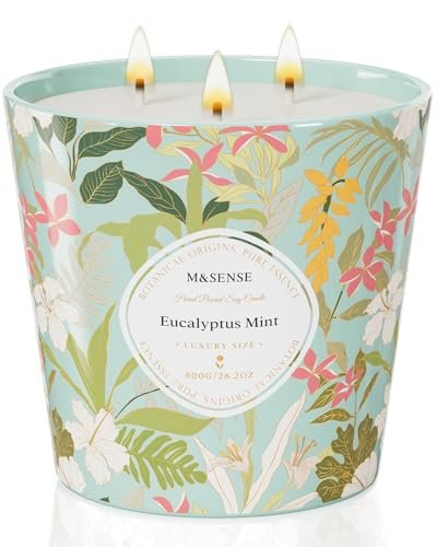 M&SENSE Eucalyptus Mint Scented Candle, 28.2oz 3 Wick Natural Soy Wax Large Candles, Long Lasting Clean Slow Burning No Toxic Décor for Home Relaxation, Romantic Dates Gift-Giving