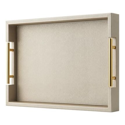 Champagne Faux Leather Serving Tray with Handles,17x12 inches, Large Decorative Tray for Ottoman Coffee Table Decor Living Room, Kitchen, Bathroom
