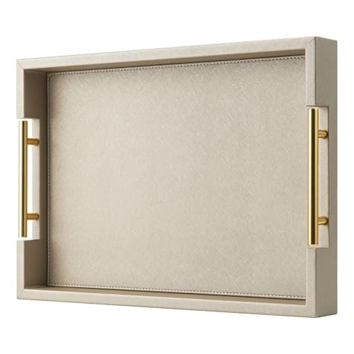 Champagne Faux Leather Serving Tray with Handles - 17x12" Decorative Champagne Faux Leather Serving Tray with Handles,17x12 inches, Large Decorative Tray for Ottoman Coffee Table Decor Living Room, Kitchen, Bathroom