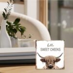 Rustic Highland Cow Bathroom Decor - "Hello Sweet Cheeks" Wood Sign, 5x5 Inches, Western Style - Image 5