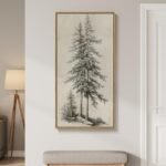 Framed Vertical Vintage Sketch Tree Living Room Wall Art, Large Black Beige Rustic Pine Artwork for Walls, Classic Antique Nature Forest Canvas Painting Print for Office Kitchen Foyer Stair 20x40 Inch