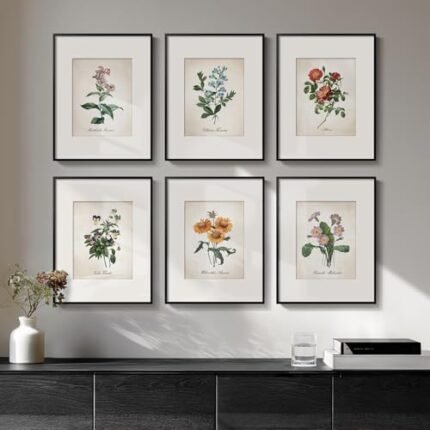 Framed Botanical Floral Wall Art, Set of 6 Vintage Wildflower Prints with Mat, Rustic Farmhouse Nature Flowers Artwork for Bedroom Living Room Hallway Dining Room Modern Neutral Home Decor, 11x14 In